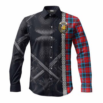 MacTavish (McTavish) Tartan Long Sleeve Button Shirt with Family Crest Cross Sword Thistle Celtic Vibes