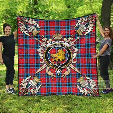 MacTavish (McTavish) Tartan Quilt with Family Crest and Golden Thistle Crossed Sword Design