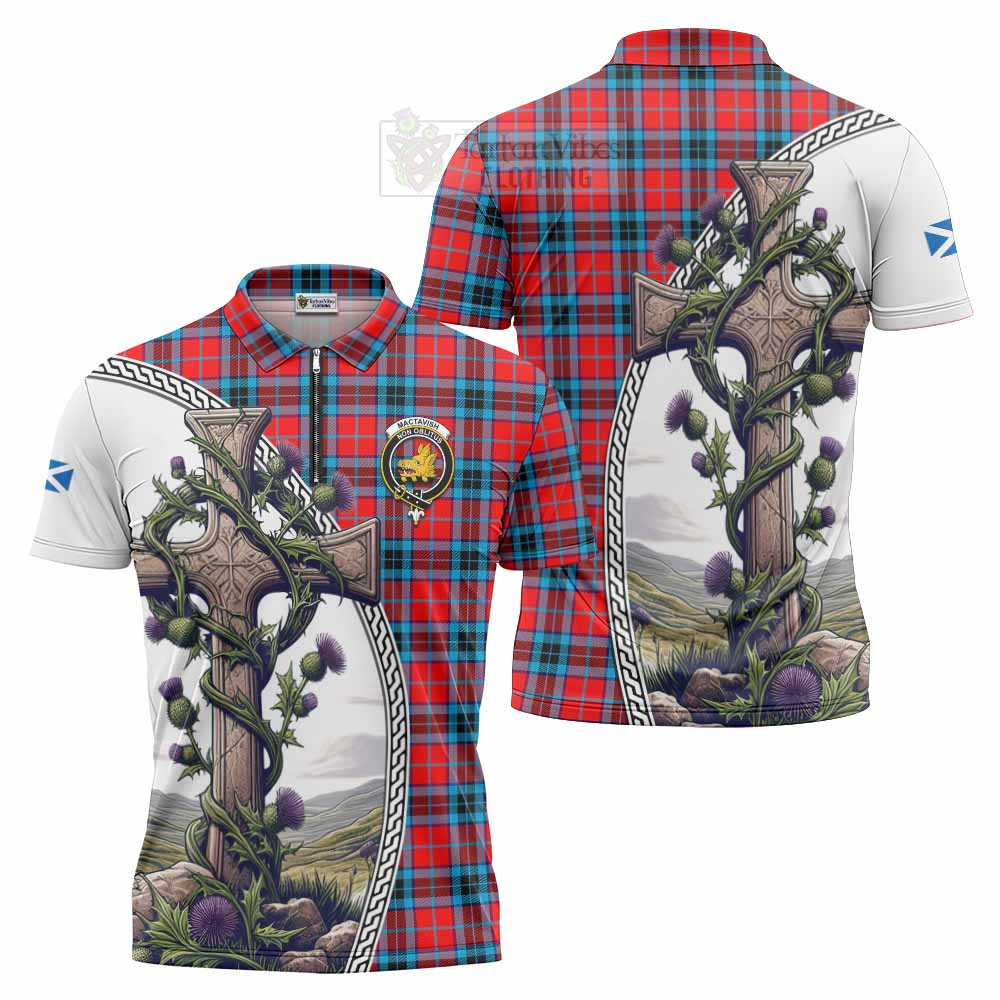 Tartan Vibes Clothing MacTavish (McTavish) Tartan Zipper Polo Shirt with Family Crest and St. Andrew's Cross Accented by Thistle Vines