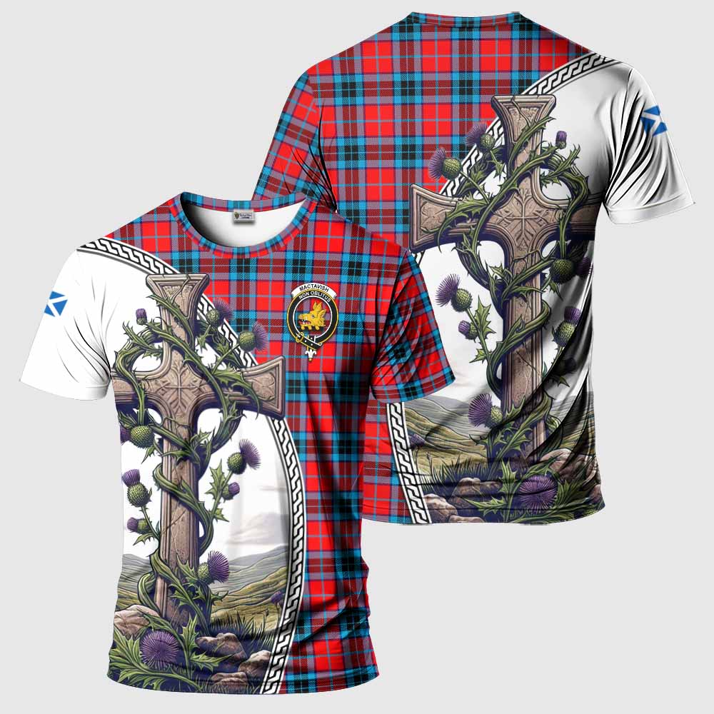 Tartan Vibes Clothing MacTavish (McTavish) Agnew Tartan T-Shirt with Family Crest and St. Andrew's Cross Accented by Thistle Vines