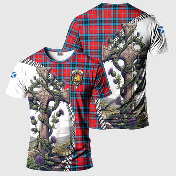 MacTavish (McTavish) Tartan T-Shirt with Family Crest and St. Andrew's Cross Accented by Thistle Vines