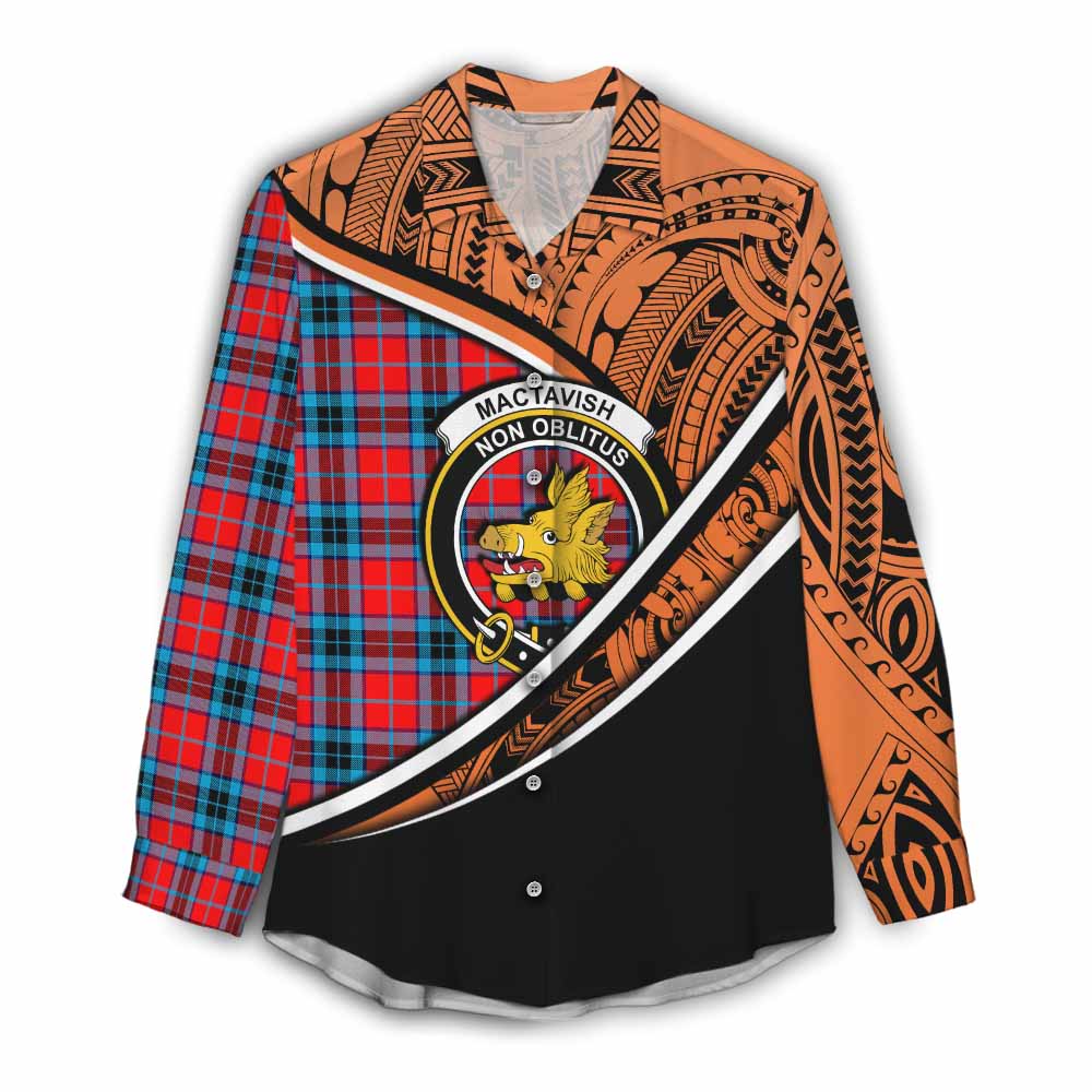 Tartan Vibes Clothing MacTavish (McTavish) Crest Tartan Women's Casual Shirt with Maori Tattoo Style - Orange Version