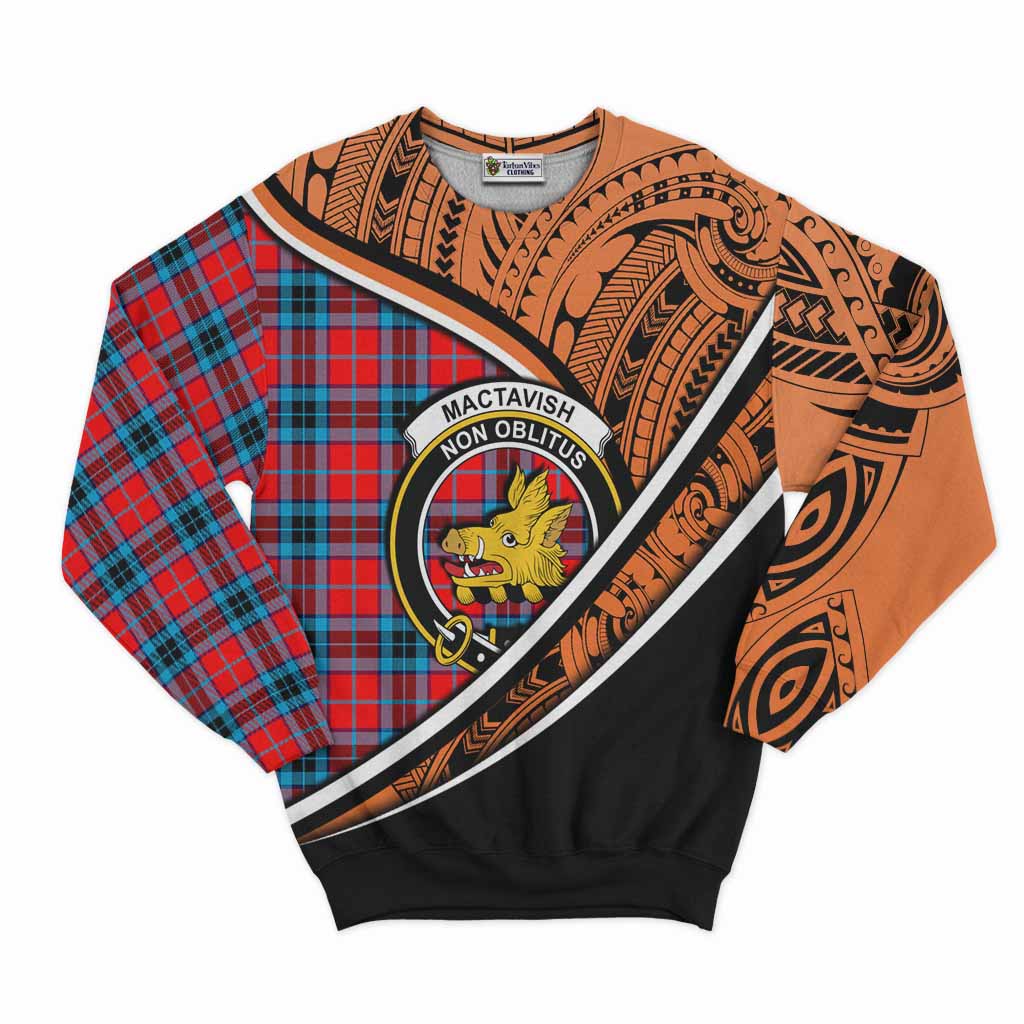 Tartan Vibes Clothing MacTavish (McTavish) Crest Tartan Sweatshirt with Maori Tattoo Style - Orange Version