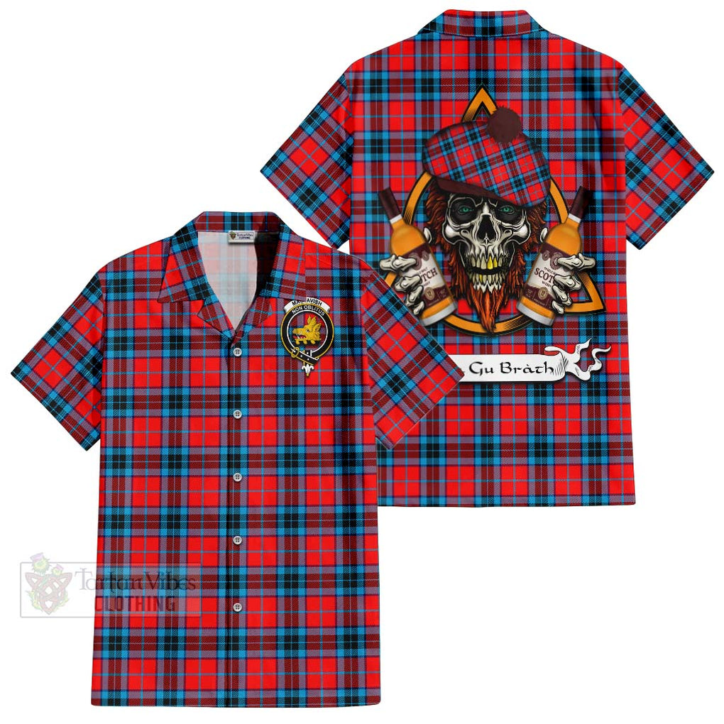 Tartan Vibes Clothing MacTavish (McTavish) Tartan Short Sleeve Button Shirt with Family Crest and Bearded Skull Holding Bottles of Whiskey