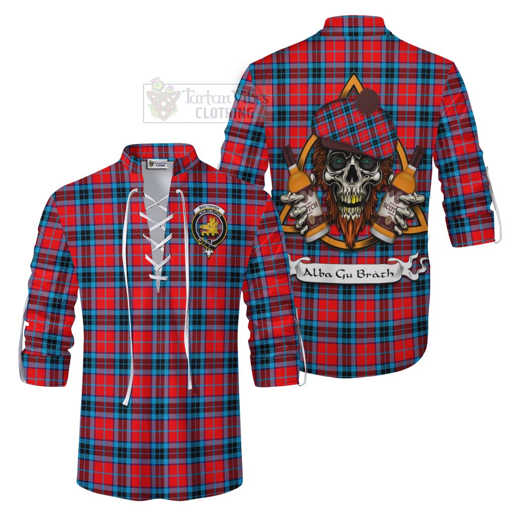 Tartan Vibes Clothing MacTavish (McTavish) Tartan Ghillie Kilt Shirt with Family Crest and Bearded Skull Holding Bottles of Whiskey