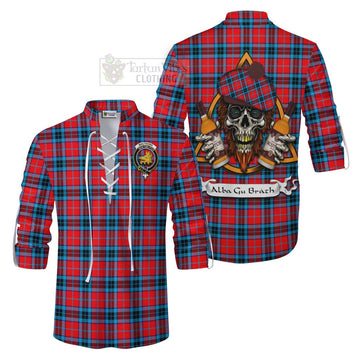 MacTavish (McTavish) Tartan Ghillie Kilt Shirt with Family Crest and Bearded Skull Holding Bottles of Whiskey