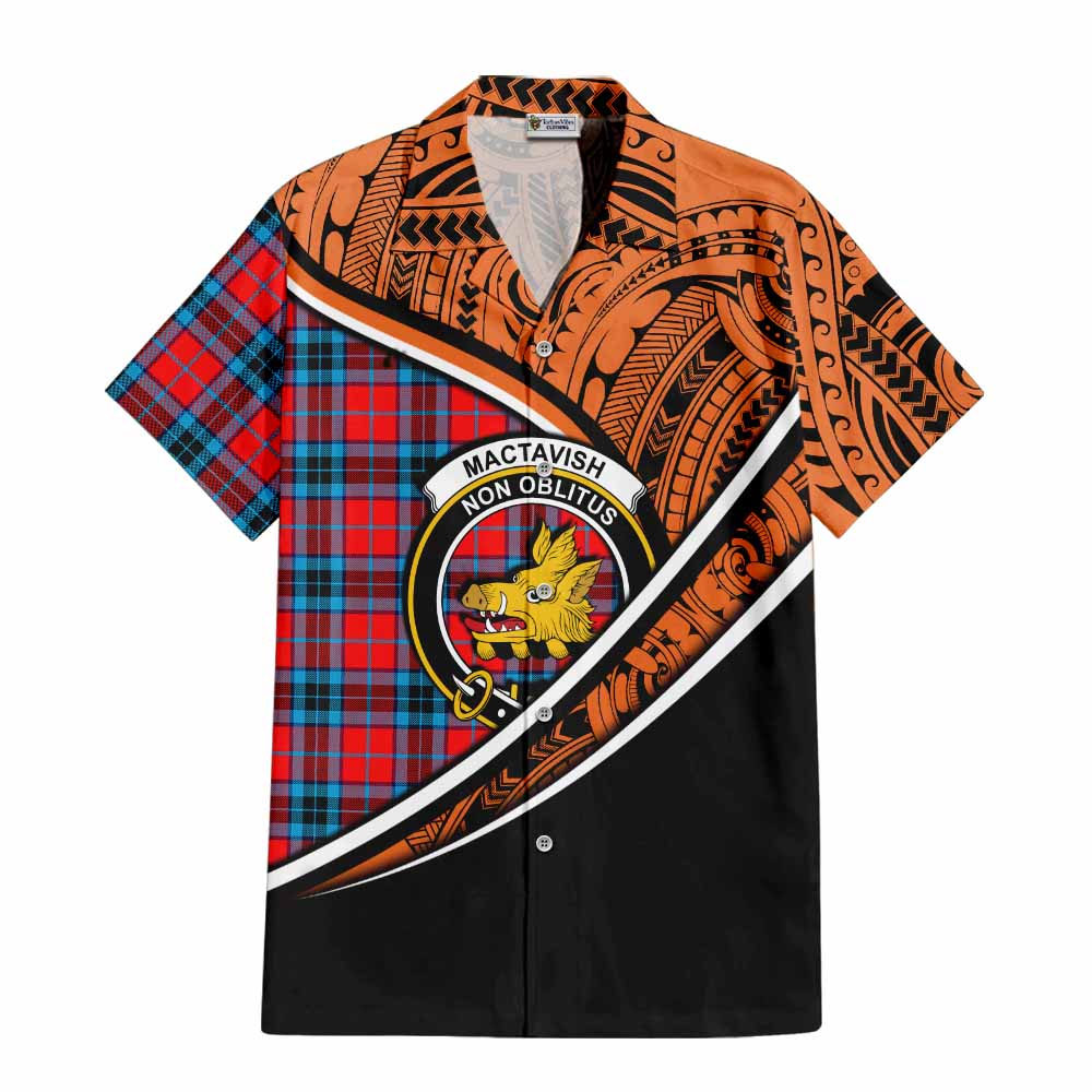 Tartan Vibes Clothing MacTavish (McTavish) Crest Tartan Short Sleeve Button Shirt with Maori Tattoo Style - Orange Version