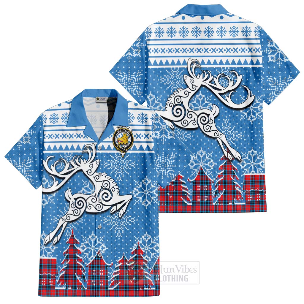 Tartan Vibes Clothing MacTavish (McTavish) Clan Christmas Short Sleeve Button Shirt Celtic Reindeer Style