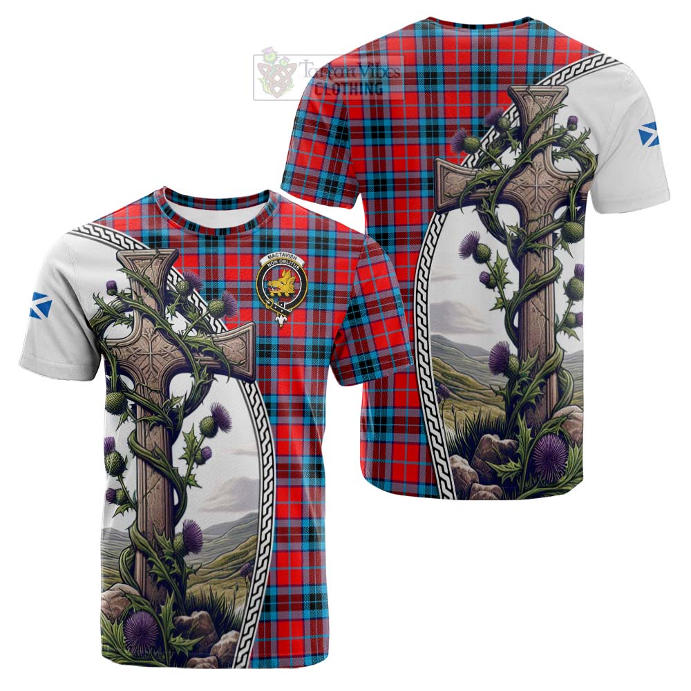 Tartan Vibes Clothing MacTavish (McTavish) Tartan Cotton T-shirt with Family Crest and St. Andrew's Cross Accented by Thistle Vines