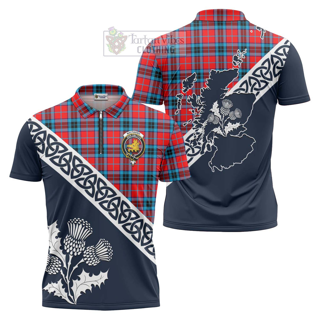 Tartan Vibes Clothing MacTavish (McTavish) Tartan Zipper Polo Shirt Featuring Thistle and Scotland Map