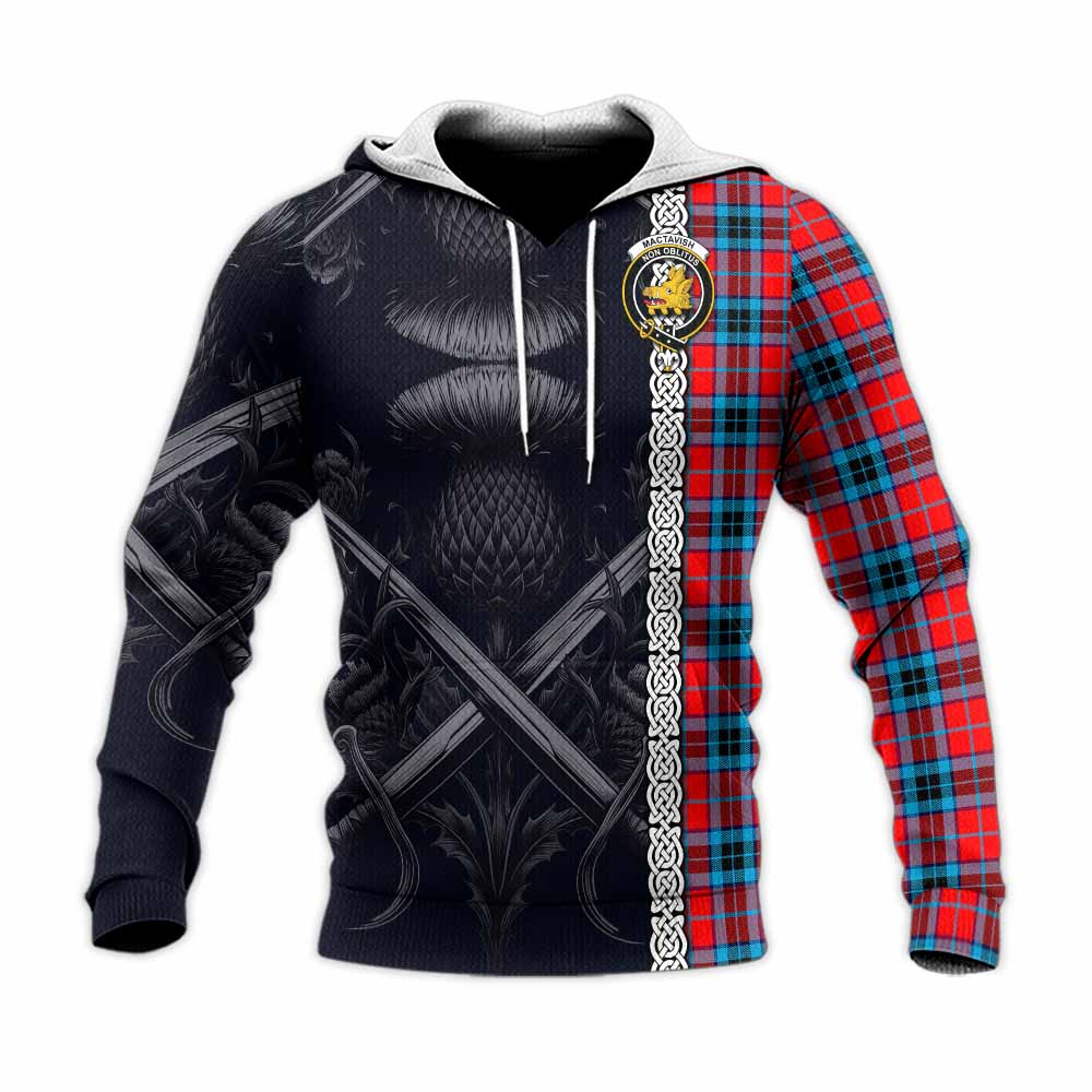 Tartan Vibes Clothing MacTavish (McTavish) Tartan Knitted Hoodie with Family Crest Cross Sword Thistle Celtic Vibes