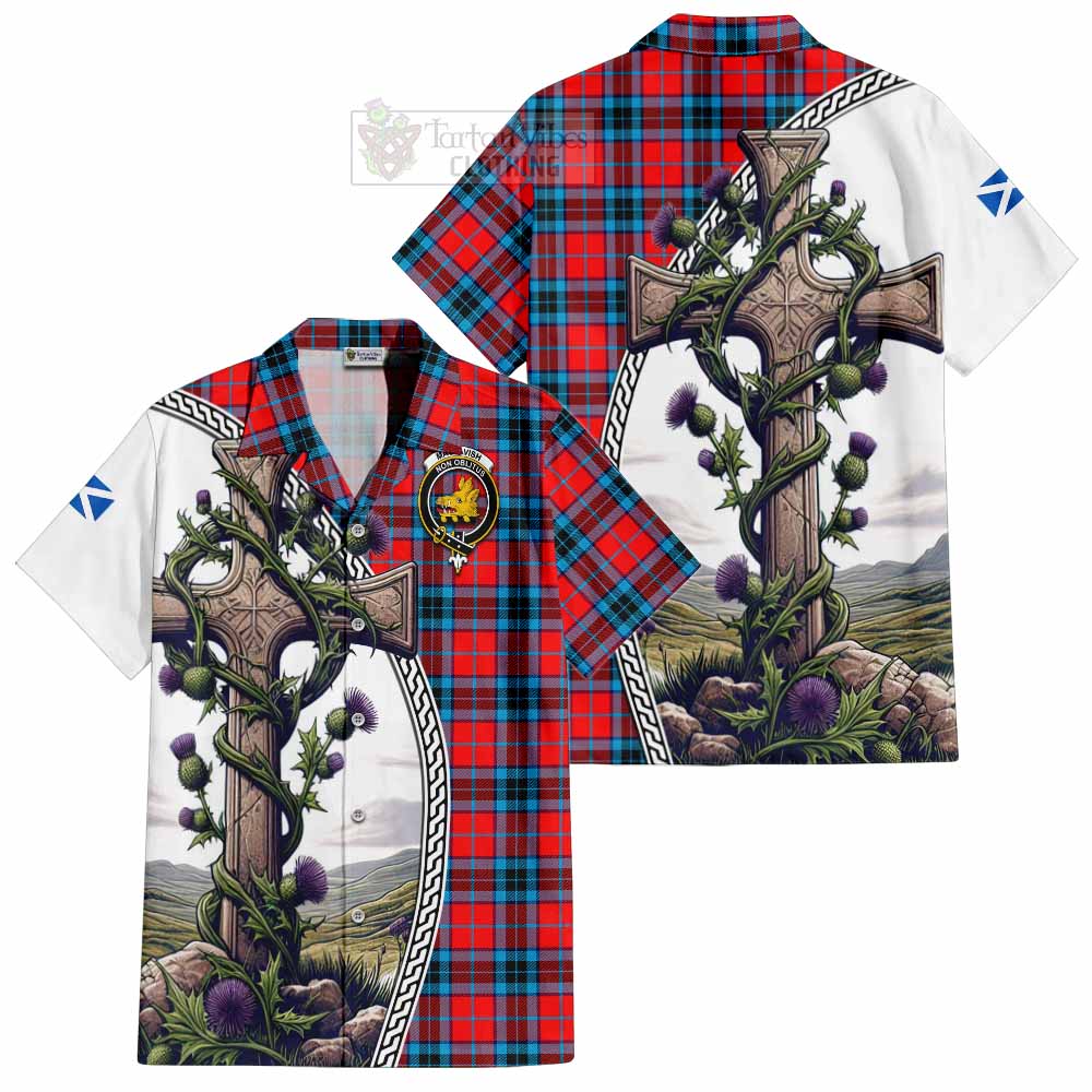 Tartan Vibes Clothing MacTavish (McTavish) Tartan Short Sleeve Button Shirt with Family Crest and St. Andrew's Cross Accented by Thistle Vines