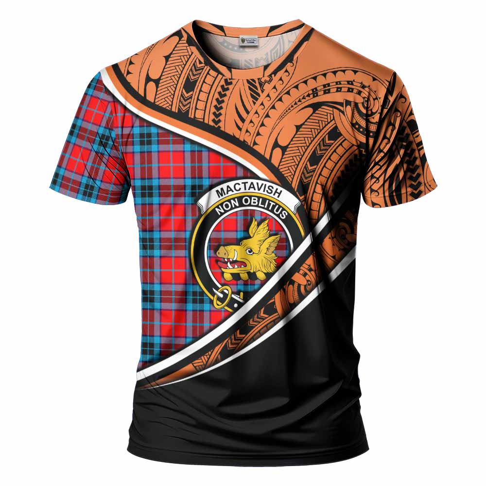 Tartan Vibes Clothing MacTavish (McTavish) Crest Tartan T-Shirt with Maori Tattoo Style - Orange Version