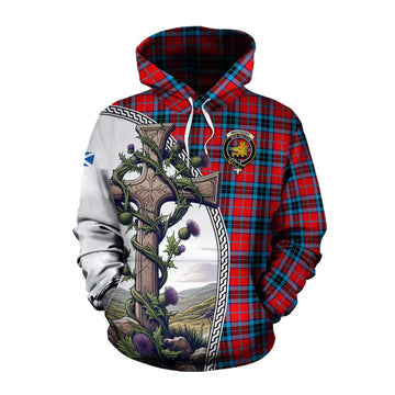 MacTavish (McTavish) Tartan Cotton Hoodie with Family Crest and St. Andrew's Cross Accented by Thistle Vines Pullover Hoodie XS - Tartan Vibes Clothing