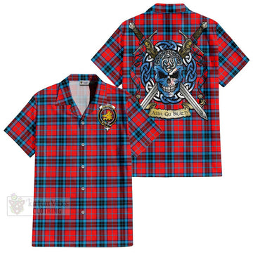 MacTavish (McTavish) Tartan Short Sleeve Button Shirt with Family Crest Celtic Skull Style