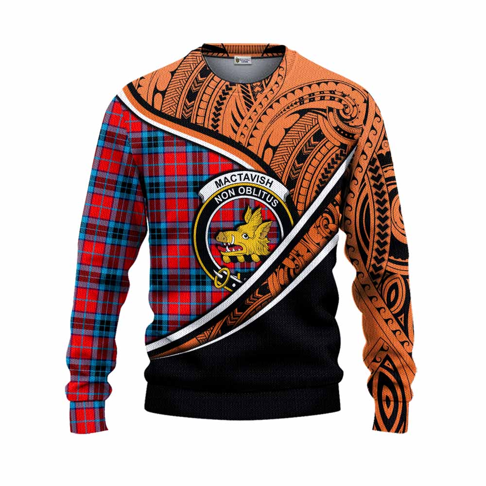 Tartan Vibes Clothing MacTavish (McTavish) Crest Tartan Knitted Sweater with Maori Tattoo Style - Orange Version