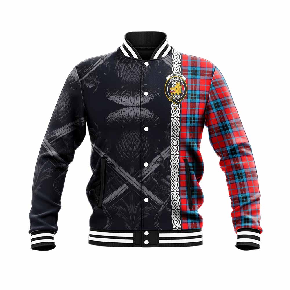 Tartan Vibes Clothing MacTavish (McTavish) Tartan Baseball Jacket with Family Crest Cross Sword Thistle Celtic Vibes