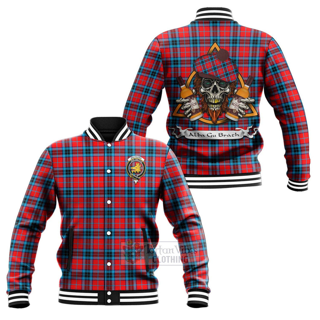 Tartan Vibes Clothing MacTavish (McTavish) Tartan Baseball Jacket with Family Crest and Bearded Skull Holding Bottles of Whiskey