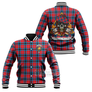 MacTavish (McTavish) Tartan Baseball Jacket with Family Crest and Bearded Skull Holding Bottles of Whiskey