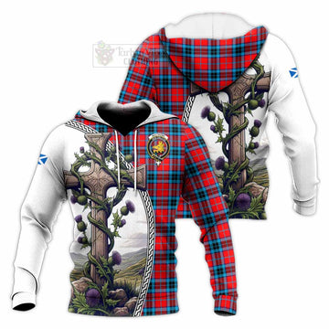 MacTavish (McTavish) Tartan Knitted Hoodie with Family Crest and St. Andrew's Cross Accented by Thistle Vines