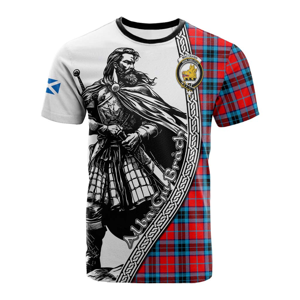 MacTavish (McTavish) Tartan Clan Crest Cotton T-shirt with Highlander Warrior Celtic Style