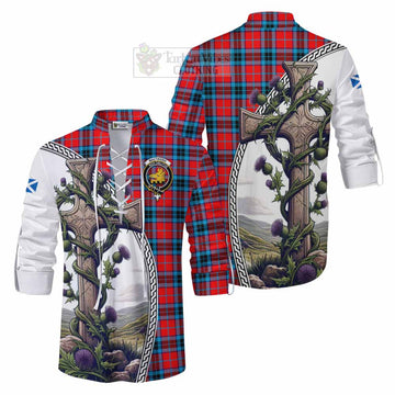 MacTavish (McTavish) Tartan Ghillie Kilt Shirt with Family Crest and St. Andrew's Cross Accented by Thistle Vines