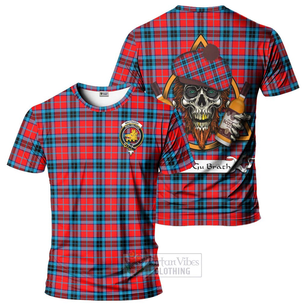 Tartan Vibes Clothing MacTavish (McTavish) Tartan T-Shirt with Family Crest and Bearded Skull Holding Bottles of Whiskey