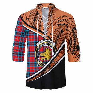 MacTavish (McTavish) Crest Tartan Ghillie Kilt Shirt with Polynesian Vibes Style - Orange Version