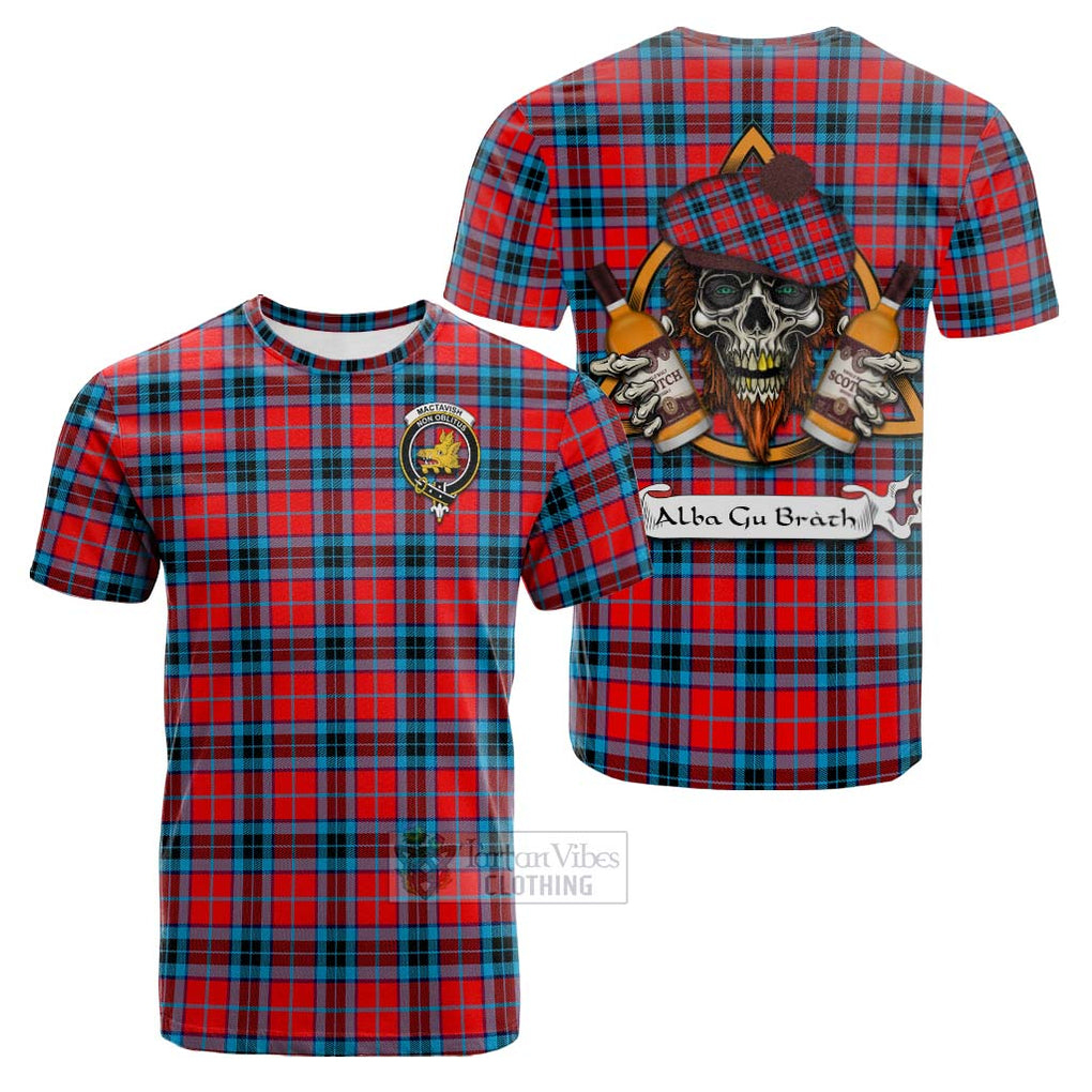 Tartan Vibes Clothing MacTavish (McTavish) Tartan Cotton T-shirt with Family Crest and Bearded Skull Holding Bottles of Whiskey