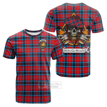 MacTavish (McTavish) Tartan Cotton T-shirt with Family Crest and Bearded Skull Holding Bottles of Whiskey