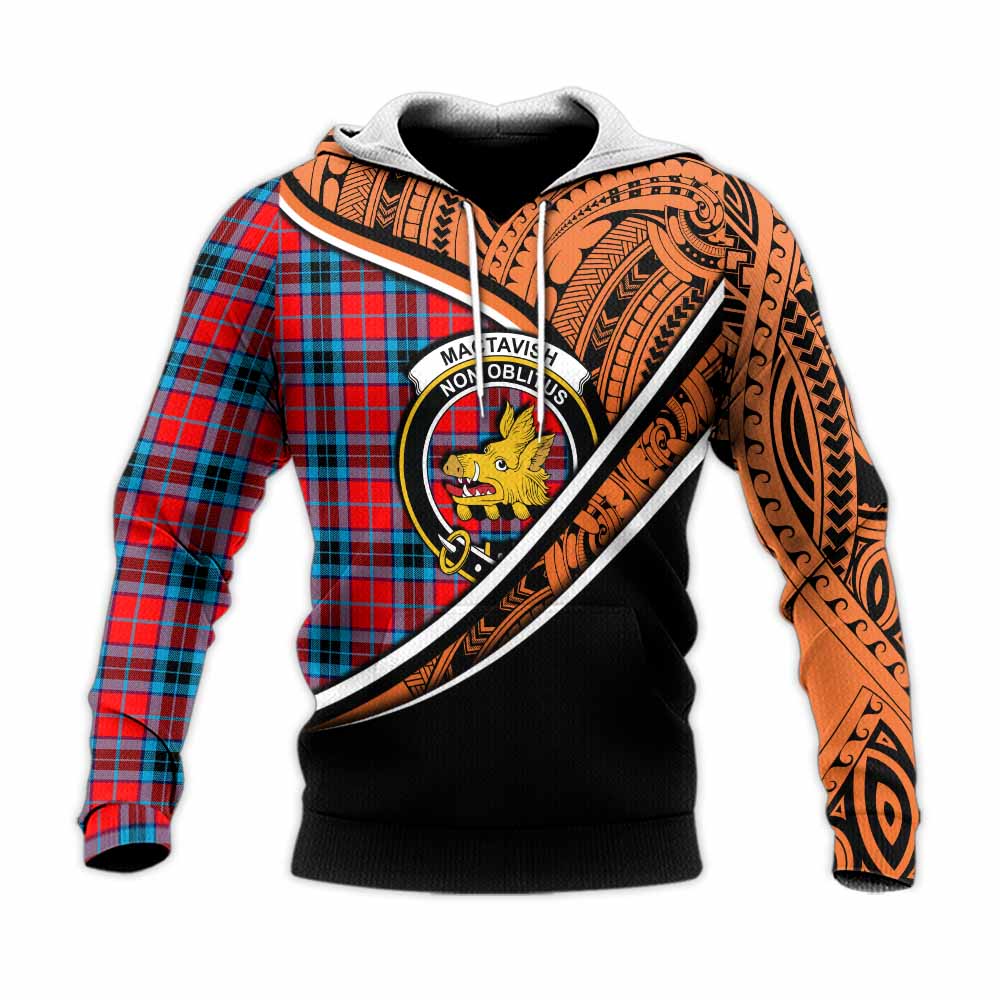 Tartan Vibes Clothing MacTavish (McTavish) Crest Tartan Knitted Hoodie with Maori Tattoo Style - Orange Version