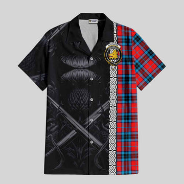 MacTavish (McTavish) Tartan Short Sleeve Button Shirt with Family Crest Cross Sword Thistle Celtic Vibes