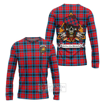 MacTavish (McTavish) Tartan Long Sleeve T-Shirt with Family Crest and Bearded Skull Holding Bottles of Whiskey