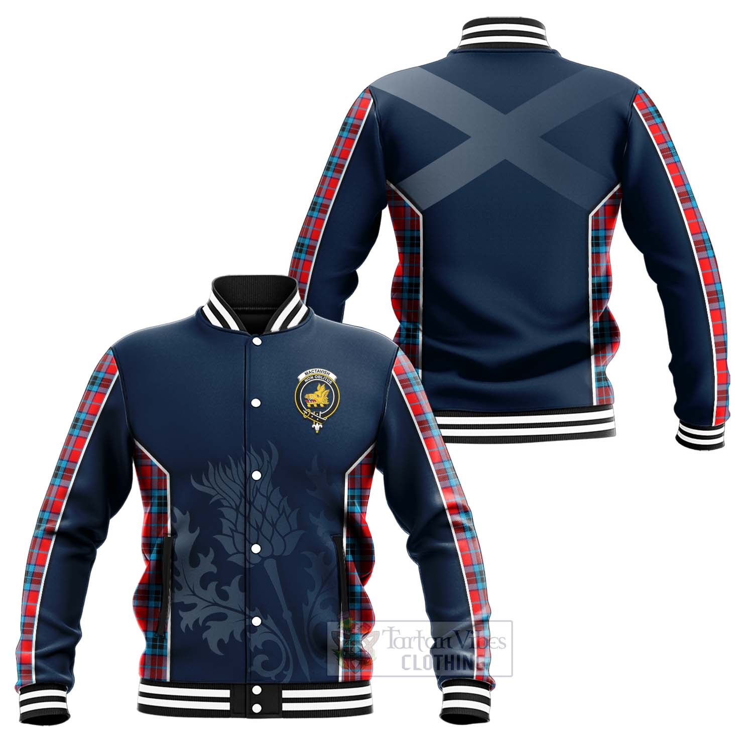 Tartan Vibes Clothing MacTavish (McTavish) Tartan Baseball Jacket with Family Crest and Scottish Thistle Vibes Sport Style