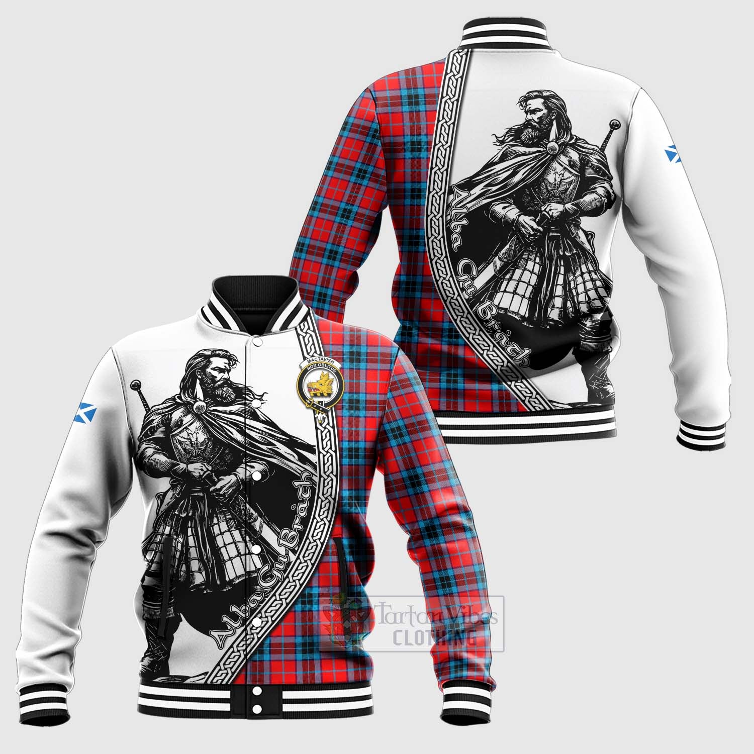 Tartan Vibes Clothing MacTavish (McTavish) Tartan Clan Crest Baseball Jacket with Highlander Warrior Celtic Style