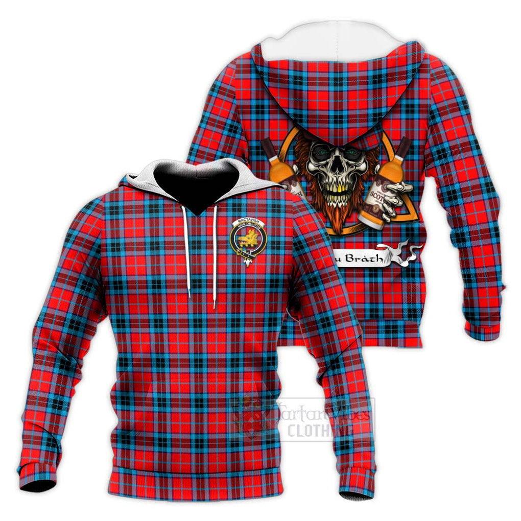 Tartan Vibes Clothing MacTavish (McTavish) Tartan Knitted Hoodie with Family Crest and Bearded Skull Holding Bottles of Whiskey