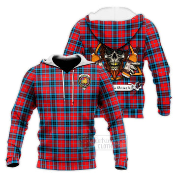 MacTavish (McTavish) Tartan Knitted Hoodie with Family Crest and Bearded Skull Holding Bottles of Whiskey