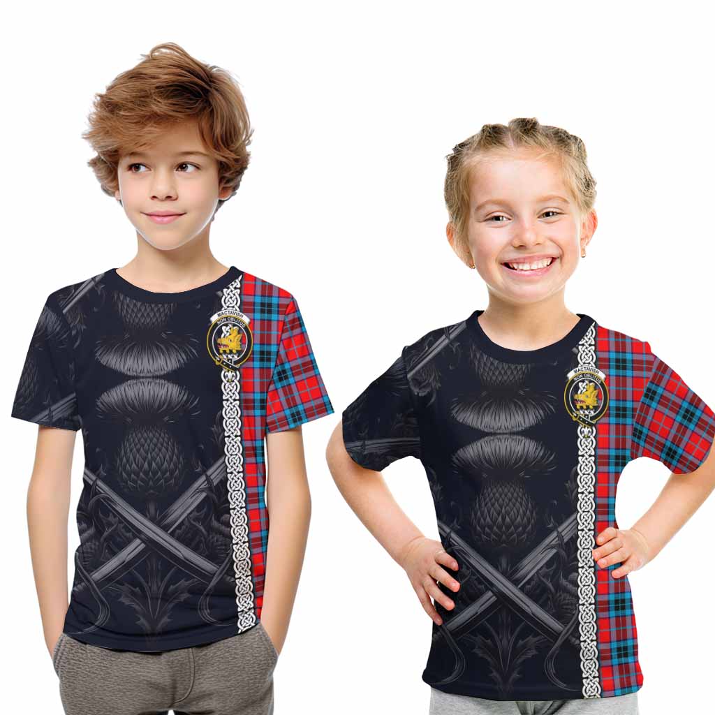 Tartan Vibes Clothing MacTavish (McTavish) Tartan Kid T-Shirt with Family Crest Cross Sword Thistle Celtic Vibes