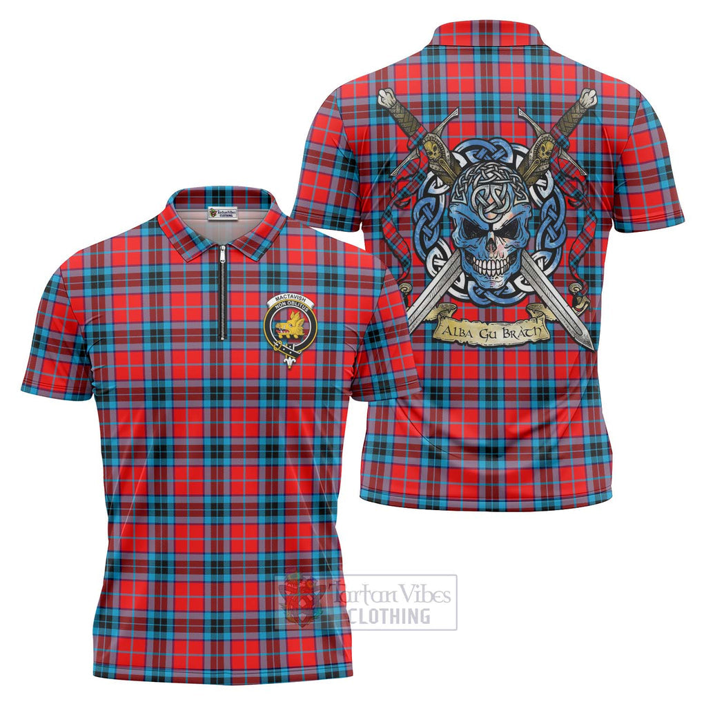 Tartan Vibes Clothing MacTavish (McTavish) Tartan Zipper Polo Shirt with Family Crest Celtic Skull Style