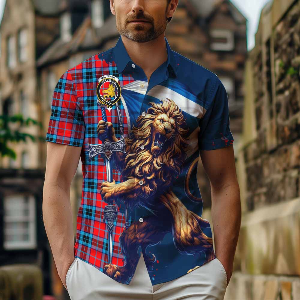 Tartan Vibes Clothing MacTavish (McTavish) Tartan Family Crest Short Sleeve Button Shirt with Scottish Majestic Lion