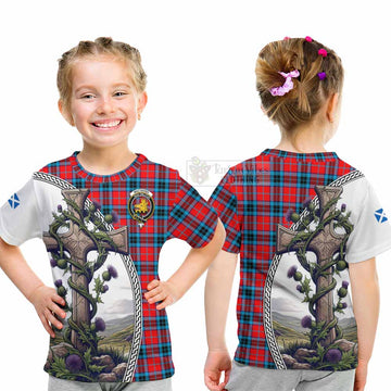 MacTavish (McTavish) Tartan Kid T-Shirt with Family Crest and St. Andrew's Cross Accented by Thistle Vines - Tartan Vibes Clothing