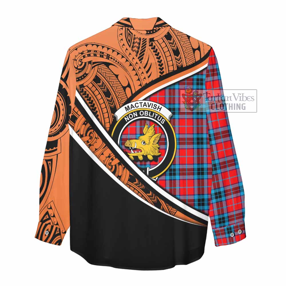 Tartan Vibes Clothing MacTavish (McTavish) Crest Tartan Women's Casual Shirt with Maori Tattoo Style - Orange Version