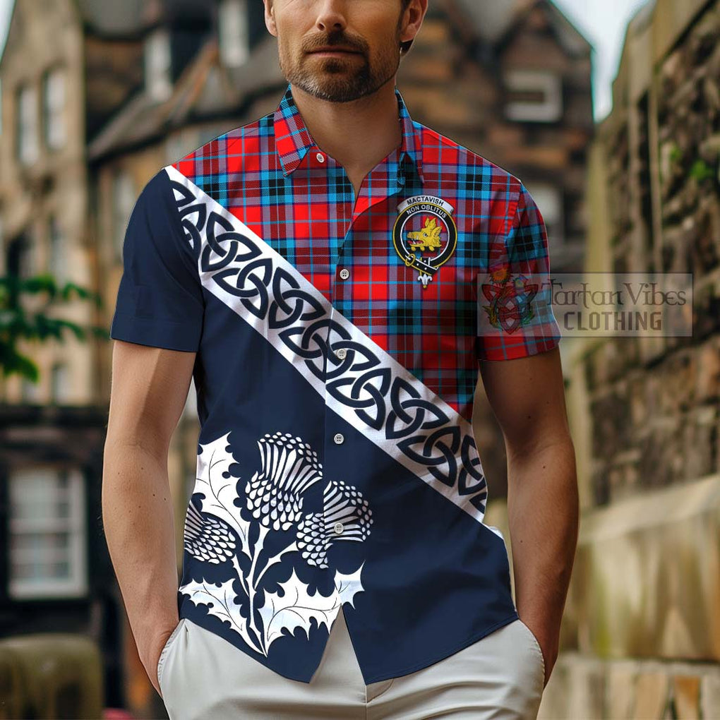 Tartan Vibes Clothing MacTavish (McTavish) Tartan Short Sleeve Button Shirt Featuring Thistle and Scotland Map