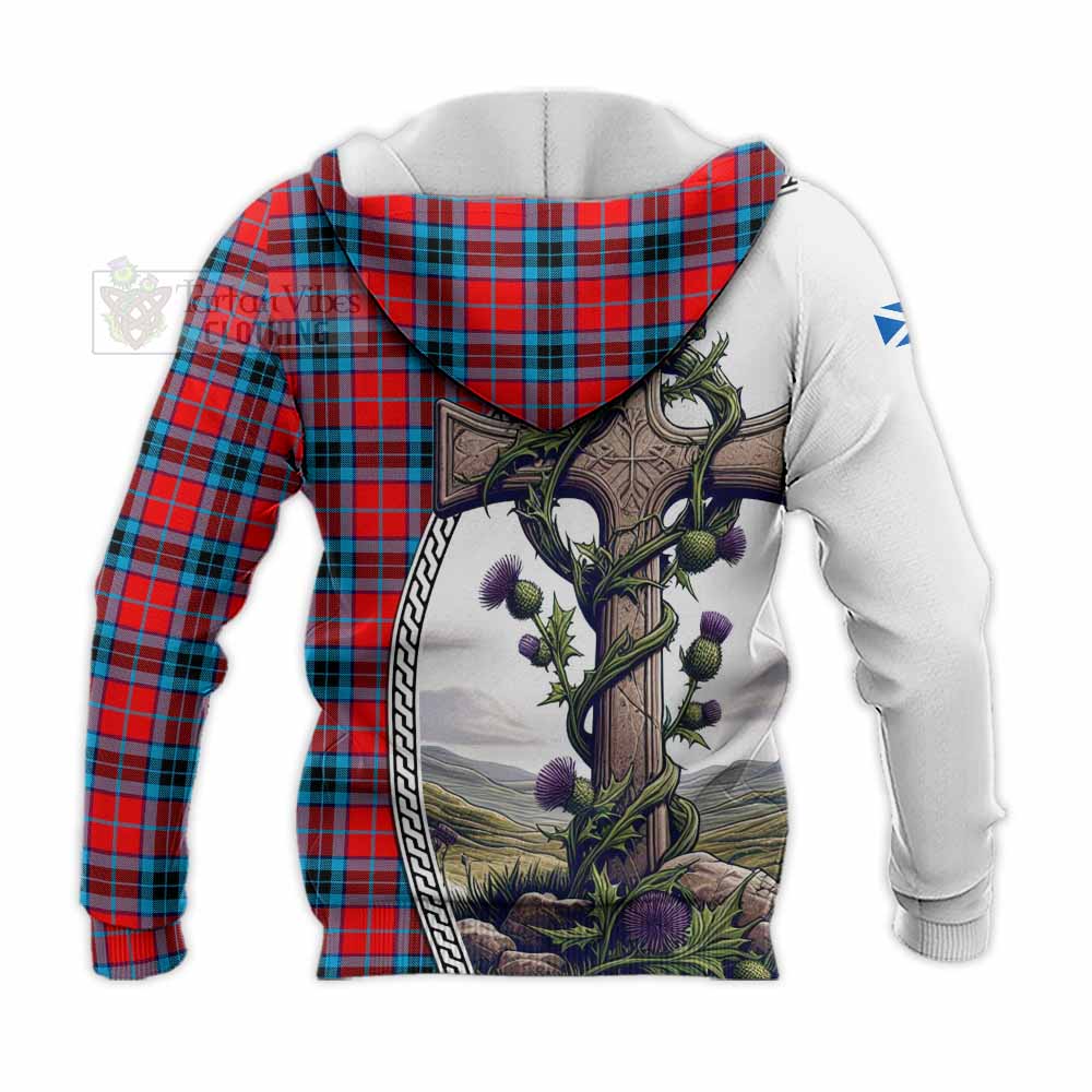 Tartan Vibes Clothing MacTavish (McTavish) Tartan Knitted Hoodie with Family Crest and St. Andrew's Cross Accented by Thistle Vines