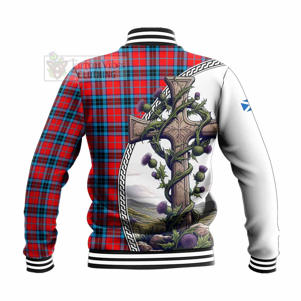 Tartan Vibes Clothing MacTavish (McTavish) Tartan Baseball Jacket with Family Crest and St. Andrew's Cross Accented by Thistle Vines