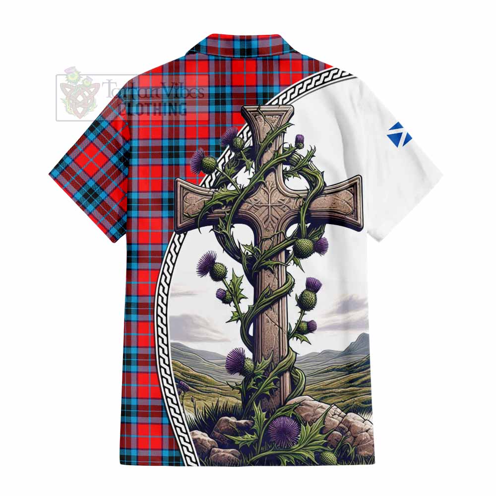 Tartan Vibes Clothing MacTavish (McTavish) Tartan Short Sleeve Button Shirt with Family Crest and St. Andrew's Cross Accented by Thistle Vines