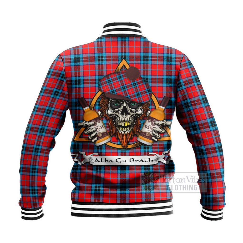 Tartan Vibes Clothing MacTavish (McTavish) Tartan Baseball Jacket with Family Crest and Bearded Skull Holding Bottles of Whiskey