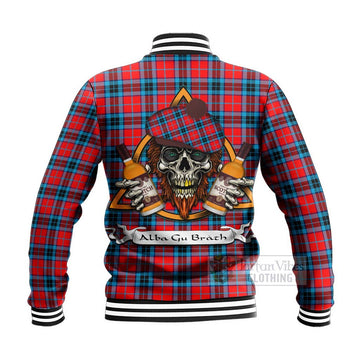 MacTavish (McTavish) Tartan Baseball Jacket with Family Crest and Bearded Skull Holding Bottles of Whiskey