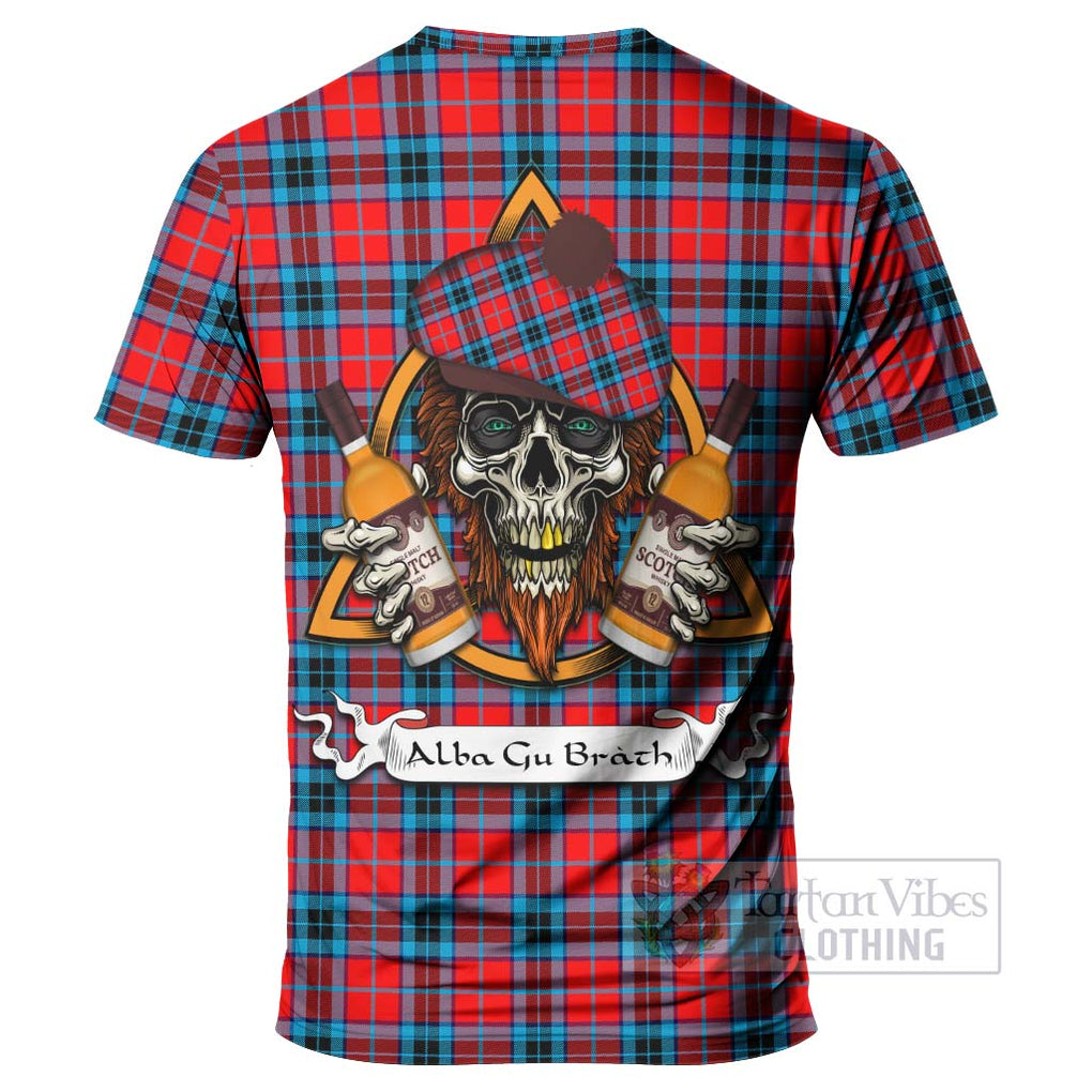 Tartan Vibes Clothing MacTavish (McTavish) Tartan T-Shirt with Family Crest and Bearded Skull Holding Bottles of Whiskey