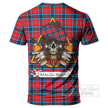 MacTavish (McTavish) Tartan T-Shirt with Family Crest and Bearded Skull Holding Bottles of Whiskey